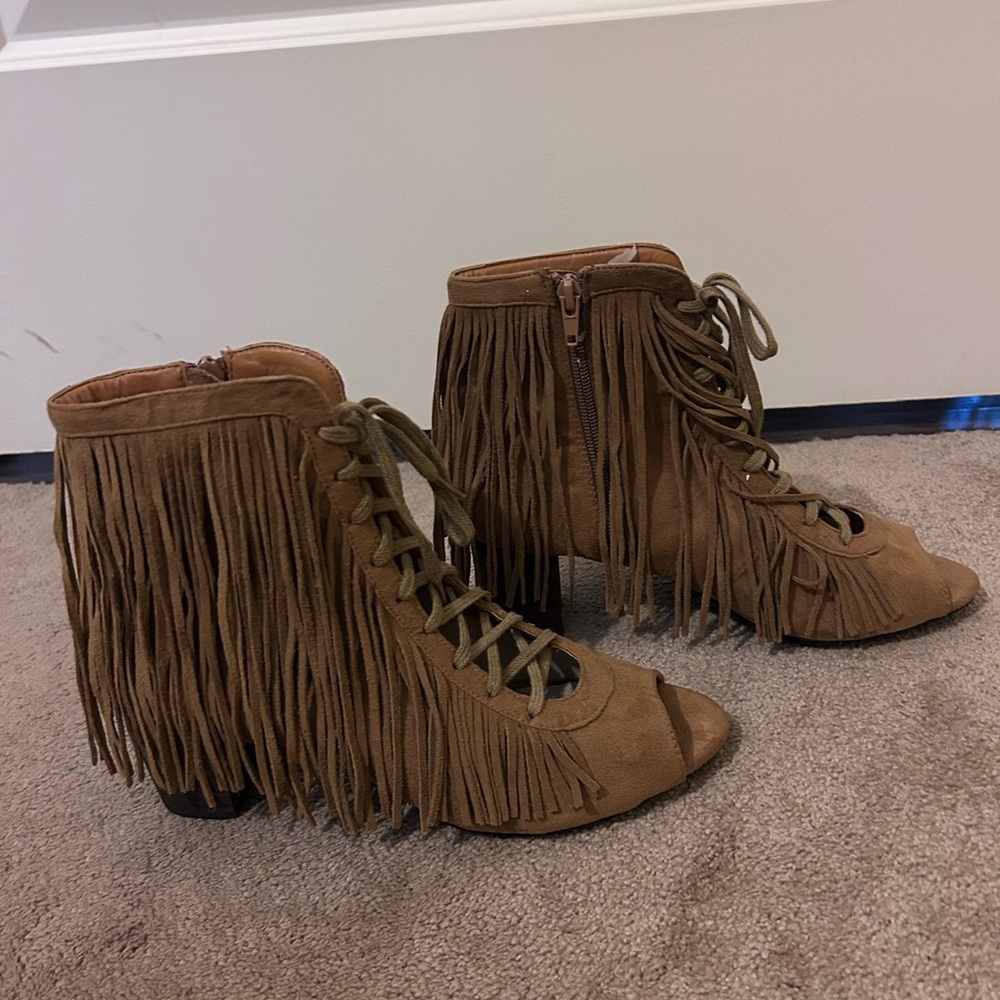 Joyfolie Dahlia Fringe  Tan Lace Up Suede Boots with Peep Toe